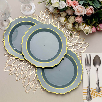 10-Pack Plastic Round Dessert Plates 8" Dusty Blue with Gold Scalloped Rim - Disposable Appetizer/Salad Plates