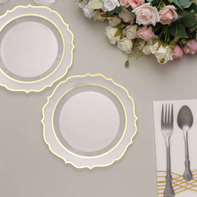 10-Pack Plastic Round Dessert Plates 8" Clear with Gold Scalloped Rim - Disposable Appetizer/Salad Plates