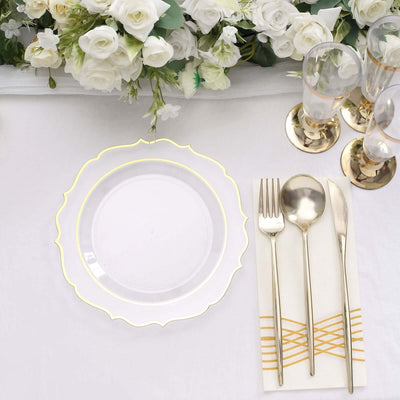 10-Pack Plastic Round Dessert Plates 8" Clear with Gold Scalloped Rim - Disposable Appetizer/Salad Plates