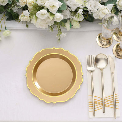 10-Pack Plastic Round Dessert Plates 8" Gold with Gold Scalloped Rim - Disposable Appetizer/Salad Plates