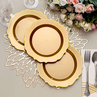 10-Pack Plastic Round Dessert Plates 8" Gold with Gold Scalloped Rim - Disposable Appetizer/Salad Plates