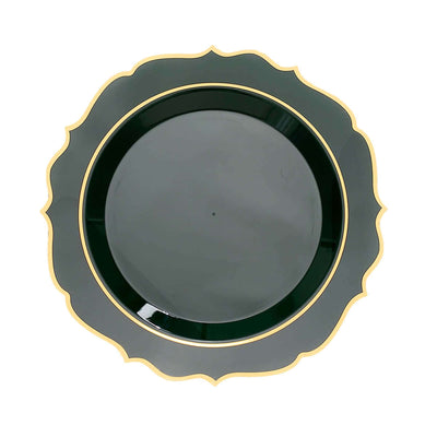 10-Pack Plastic Round Dessert Plates 8" Hunter Emerald Green with Gold Scalloped Rim - Disposable Appetizer/Salad Plates