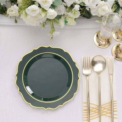 10-Pack Plastic Round Dessert Plates 8" Hunter Emerald Green with Gold Scalloped Rim - Disposable Appetizer/Salad Plates