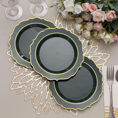 10-Pack Plastic Round Dessert Plates 8" Hunter Emerald Green with Gold Scalloped Rim - Disposable Appetizer/Salad Plates