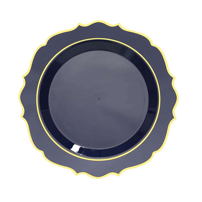 10-Pack Plastic Round Dessert Plates 8" Navy Blue with Gold Scalloped Rim - Disposable Appetizer/Salad Plates