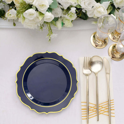 10-Pack Plastic Round Dessert Plates 8" Navy Blue with Gold Scalloped Rim - Disposable Appetizer/Salad Plates