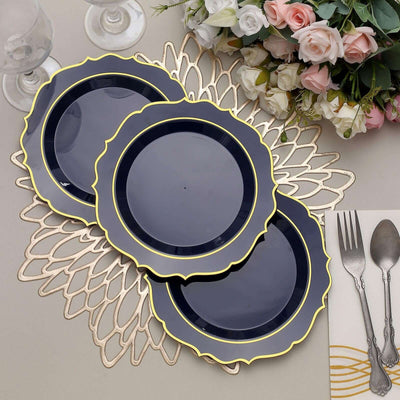 10-Pack Plastic Round Dessert Plates 8" Navy Blue with Gold Scalloped Rim - Disposable Appetizer/Salad Plates
