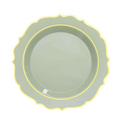 10-Pack Plastic Round Dessert Plates 8" Sage Green with Gold Scalloped Rim - Disposable Appetizer/Salad Plates