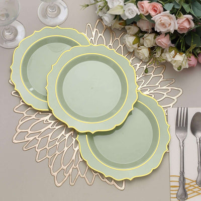 10-Pack Plastic Round Dessert Plates 8" Sage Green with Gold Scalloped Rim - Disposable Appetizer/Salad Plates