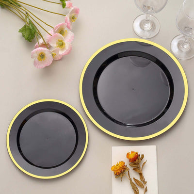 10-Pack Plastic Round Dinner Plates 10" Black with Gold Rim - Sleek Disposable Party Plates