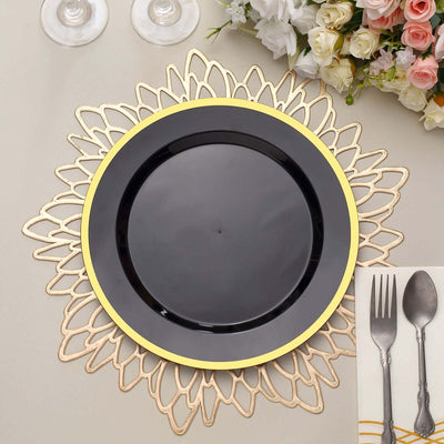 10-Pack Plastic Round Dinner Plates 10" Black with Gold Rim - Sleek Disposable Party Plates