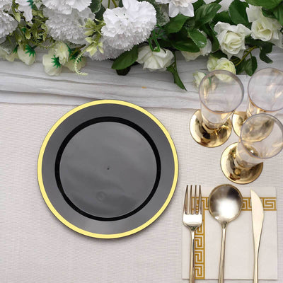 10-Pack Plastic Round Appetizer Plates 7" Black with Gold Rim - Classy Disposable Salad Plates