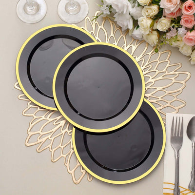 10-Pack Plastic Round Appetizer Plates 7" Black with Gold Rim - Classy Disposable Salad Plates