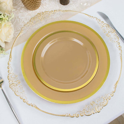 10-Pack Plastic Round Appetizer Plates 7" Gold - Classy Disposable Salad Plates for Weddings & Celebrations