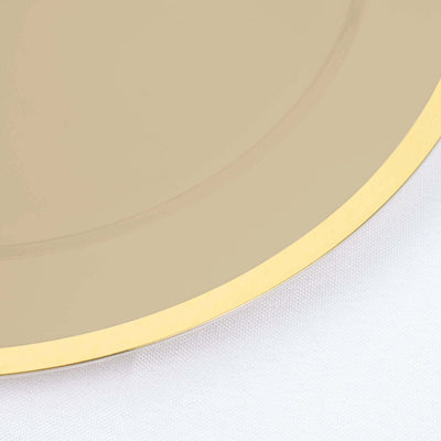 10-Pack Plastic Round Appetizer Plates 7" Taupe with Gold Rim - Classy Disposable Salad Plates