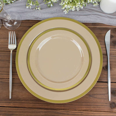 10-Pack Plastic Round Appetizer Plates 7" Taupe with Gold Rim - Classy Disposable Salad Plates