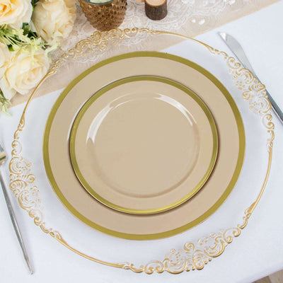 10-Pack Plastic Round Appetizer Plates 7" Taupe with Gold Rim - Classy Disposable Salad Plates