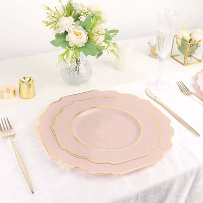 10 Pack Blush Hard Plastic Dinner Plates, Disposable Tableware, Baroque Heavy Duty Plates with Gold Rim 11"