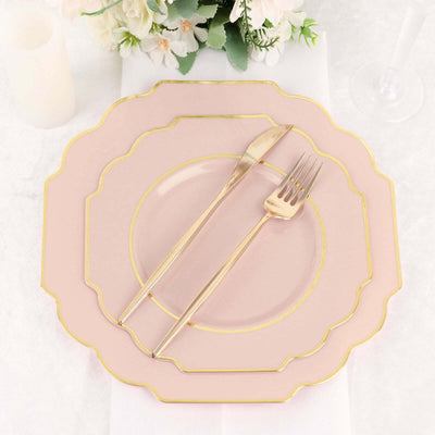 10 Pack Blush Hard Plastic Dinner Plates, Disposable Tableware, Baroque Heavy Duty Plates with Gold Rim 11"
