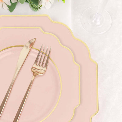 10 Pack Blush Hard Plastic Dinner Plates, Disposable Tableware, Baroque Heavy Duty Plates with Gold Rim 11"