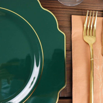 10 Pack Hunter Emerald Green Hard Plastic Dinner Plates, Disposable Tableware, Baroque Heavy Duty Plates with Gold Rim 11"
