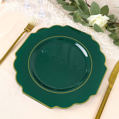 10 Pack Hunter Emerald Green Hard Plastic Dinner Plates, Disposable Tableware, Baroque Heavy Duty Plates with Gold Rim 11"