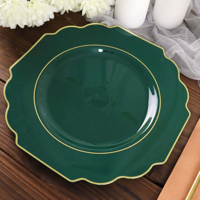 10 Pack Hunter Emerald Green Hard Plastic Dinner Plates, Disposable Tableware, Baroque Heavy Duty Plates with Gold Rim 11"
