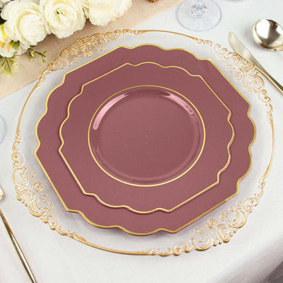 10 Pack Cinnamon Rose Hard Plastic Baroque Dinner Plates with Gold Rim, Heavy Duty Disposable Dinnerware 11"