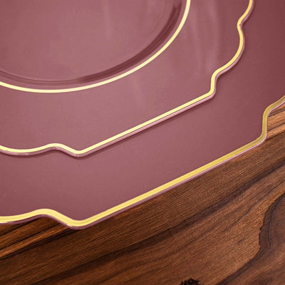 10 Pack Cinnamon Rose Hard Plastic Baroque Dinner Plates with Gold Rim, Heavy Duty Disposable Dinnerware 11"