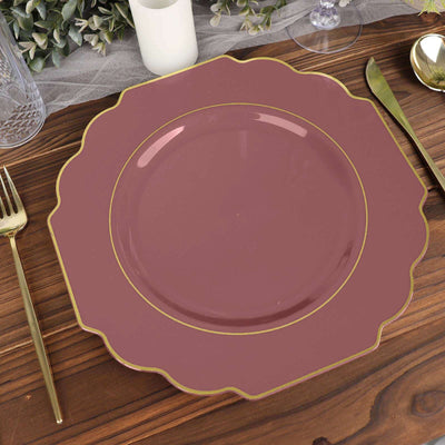 10 Pack Cinnamon Rose Hard Plastic Baroque Dinner Plates with Gold Rim, Heavy Duty Disposable Dinnerware 11"
