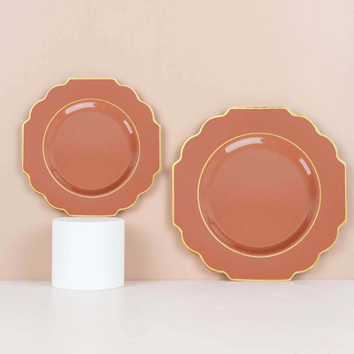 10 Pack Terracotta (Rust) Hard Plastic Baroque Dinner Plates with Gold Rim, Heavy Duty Disposable Dinnerware 11"