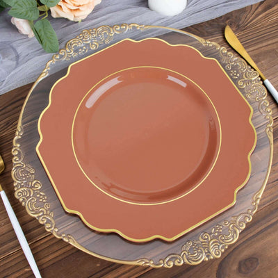 10 Pack Terracotta (Rust) Hard Plastic Baroque Dinner Plates with Gold Rim, Heavy Duty Disposable Dinnerware 11"