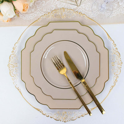10 Pack Taupe Hard Plastic Baroque Dinner Plates with Gold Rim, Heavy Duty Disposable Dinnerware 11"