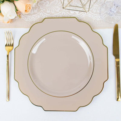 10 Pack Taupe Hard Plastic Baroque Dinner Plates with Gold Rim, Heavy Duty Disposable Dinnerware 11"