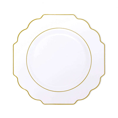 10 Pack White Hard Plastic Dinner Plates, Disposable Tableware, Baroque Heavy Duty Plates with Gold Rim 11"