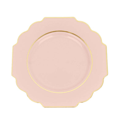 10-Pack Plastic Dessert Appetizer Plates 8" Blush Baroque Design with Scalloped Gold Rim - Heavy Duty Disposable Salad Plates