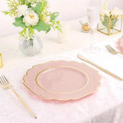 10-Pack Plastic Dessert Appetizer Plates 8" Blush Baroque Design with Scalloped Gold Rim - Heavy Duty Disposable Salad Plates