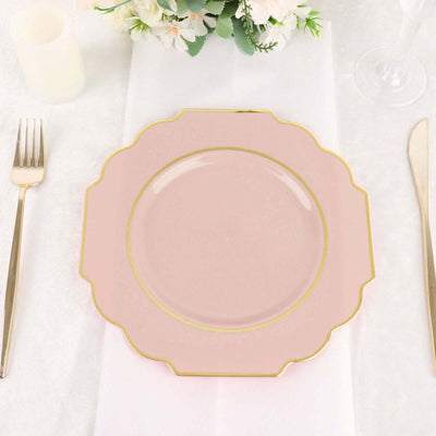 10-Pack Plastic Dessert Appetizer Plates 8" Blush Baroque Design with Scalloped Gold Rim - Heavy Duty Disposable Salad Plates