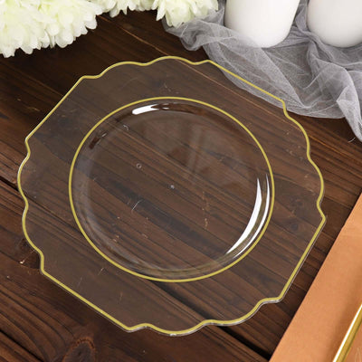 10-Pack Plastic Dessert Appetizer Plates 8" Clear Baroque Design with Scalloped Gold Rim - Heavy Duty Disposable Salad Plates