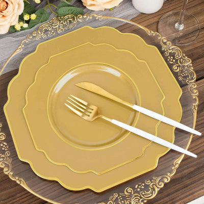 10-Pack Plastic Dessert Appetizer Plates 8" Gold Baroque Design with Scalloped Gold Rim - Heavy Duty Disposable Salad Plates