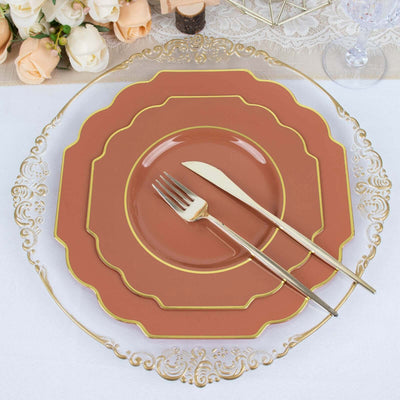 10-Pack Plastic Dessert Appetizer Plates 8" Terracotta (Rust) Baroque Design with Scalloped Gold Rim - Heavy Duty Disposable Salad Plates
