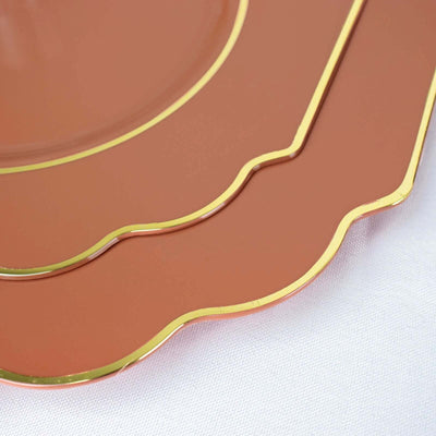 10-Pack Plastic Dessert Appetizer Plates 8" Terracotta (Rust) Baroque Design with Scalloped Gold Rim - Heavy Duty Disposable Salad Plates