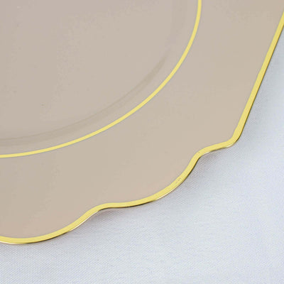 10-Pack Plastic Dessert Appetizer Plates 8" Taupe Baroque Design with Scalloped Gold Rim - Heavy Duty Disposable Salad Plates