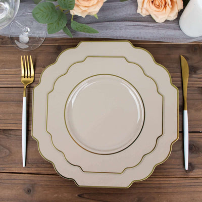 10-Pack Plastic Dessert Appetizer Plates 8" Taupe Baroque Design with Scalloped Gold Rim - Heavy Duty Disposable Salad Plates