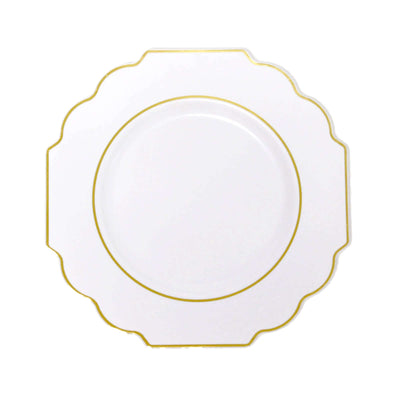 10-Pack Plastic Dessert Appetizer Plates 8" White Baroque Design with Scalloped Gold Rim - Heavy Duty Disposable Salad Plates for Buffets & Catered Events