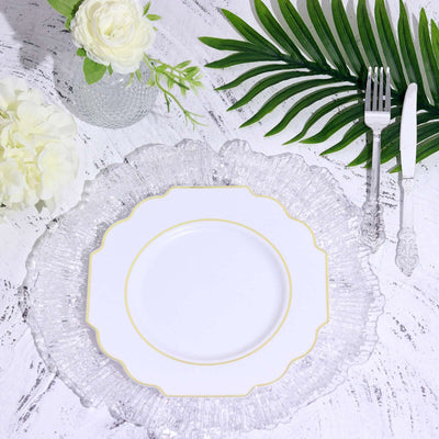 10-Pack Plastic Dessert Appetizer Plates 8" White Baroque Design with Scalloped Gold Rim - Heavy Duty Disposable Salad Plates for Buffets & Catered Events