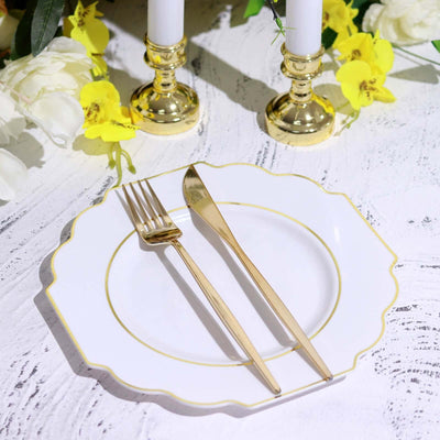 10-Pack Plastic Dessert Appetizer Plates 8" White Baroque Design with Scalloped Gold Rim - Heavy Duty Disposable Salad Plates for Buffets & Catered Events