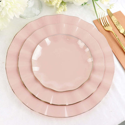 10-Pack Plastic Round Dinner Plates 11" Blush Ruffled Rim with Gold Edging - Heavy Duty Disposable Dinnerware