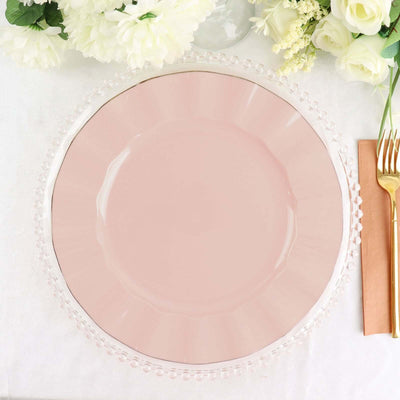 10-Pack Plastic Round Dinner Plates 11" Blush Ruffled Rim with Gold Edging - Heavy Duty Disposable Dinnerware