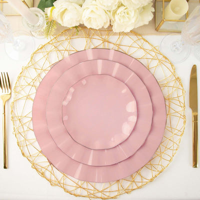 10-Pack Plastic Round Dinner Plates 11" Dusty Rose Ruffled Rim with Gold Edging - Heavy Duty Disposable Dinnerware